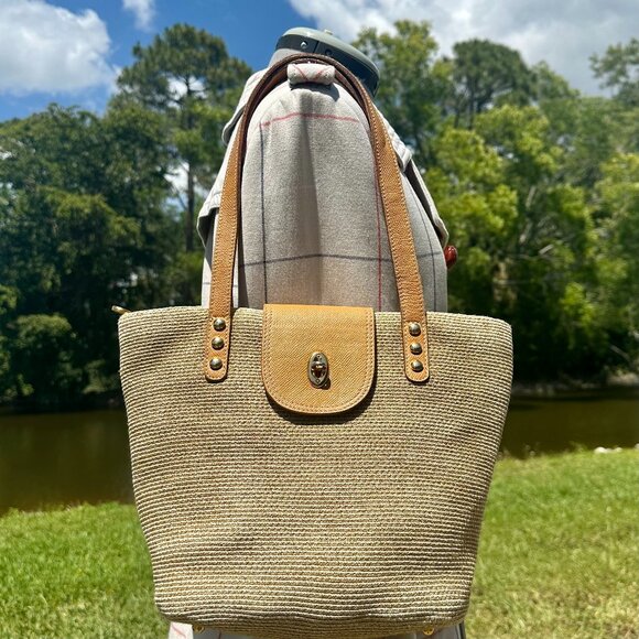 Eric Javits NY Natural Staw Raffia & Leather Trim Tan & Brown Woven Shoulder Bag - Picture 1 of 13